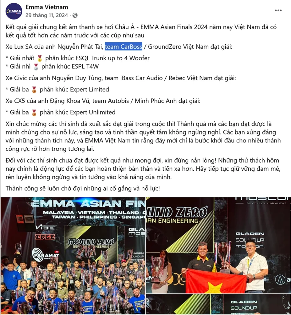 Carboss đạt cúp vô địch EMMA Châu Á trong lĩnh vực nâng cấp âm thanh ô tô.