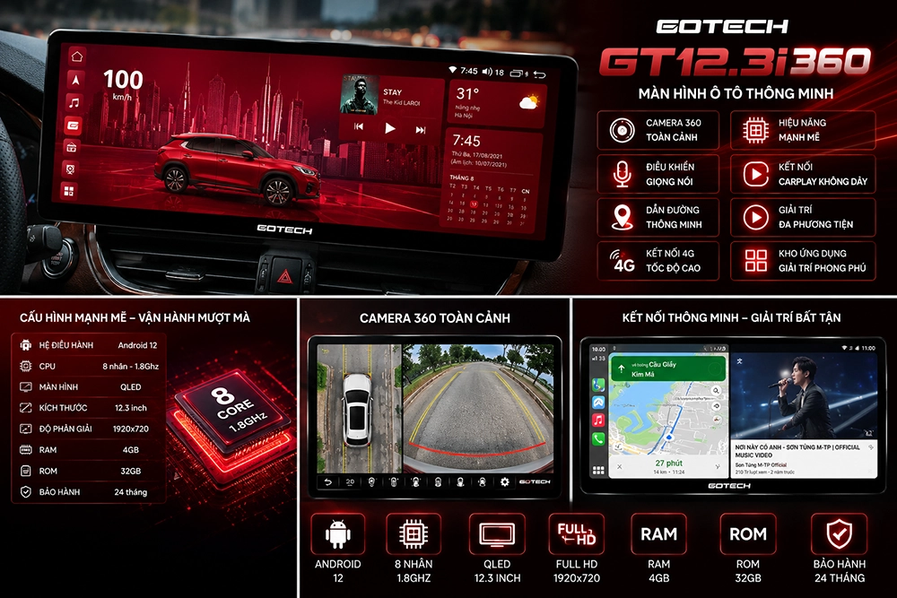 Màn hình Gotech GT12.3i 360 màn hình lớn, tích hợp camera 360